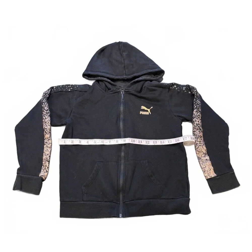 PUMA Kids XL(16) Full Zip Hoodie Black Gold Accents Sporty Athleisure Sweatshirt